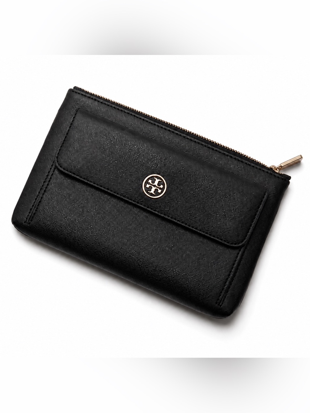 Tory Burch Robinson Saffiano Reva Leather Clutch Black NWT